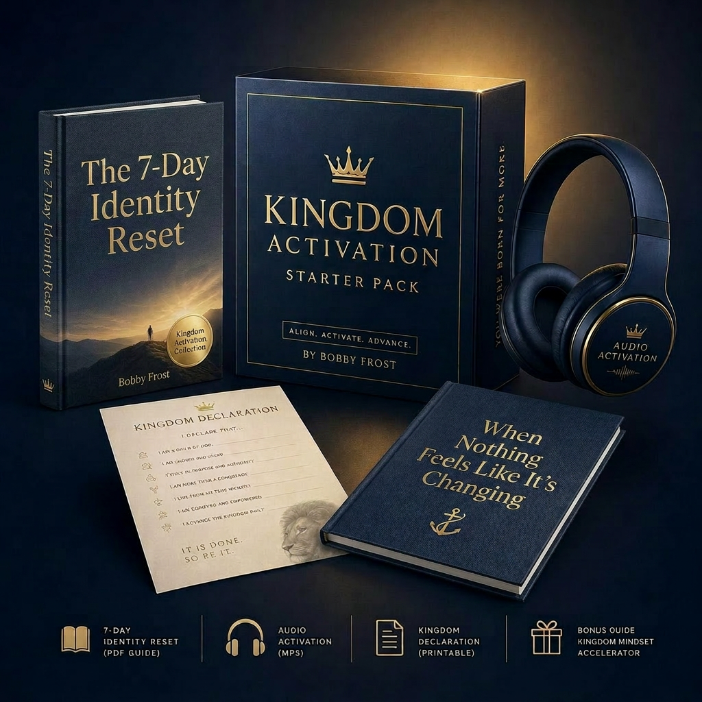 Kingdom Activation Starter Pack digital bundle — 7-Day Identity Reset PDF guide, Identity Activation Audio, Daily Kingdom Identity Declarations printable, and the bonus guide When Nothing Feels Like It's Changing